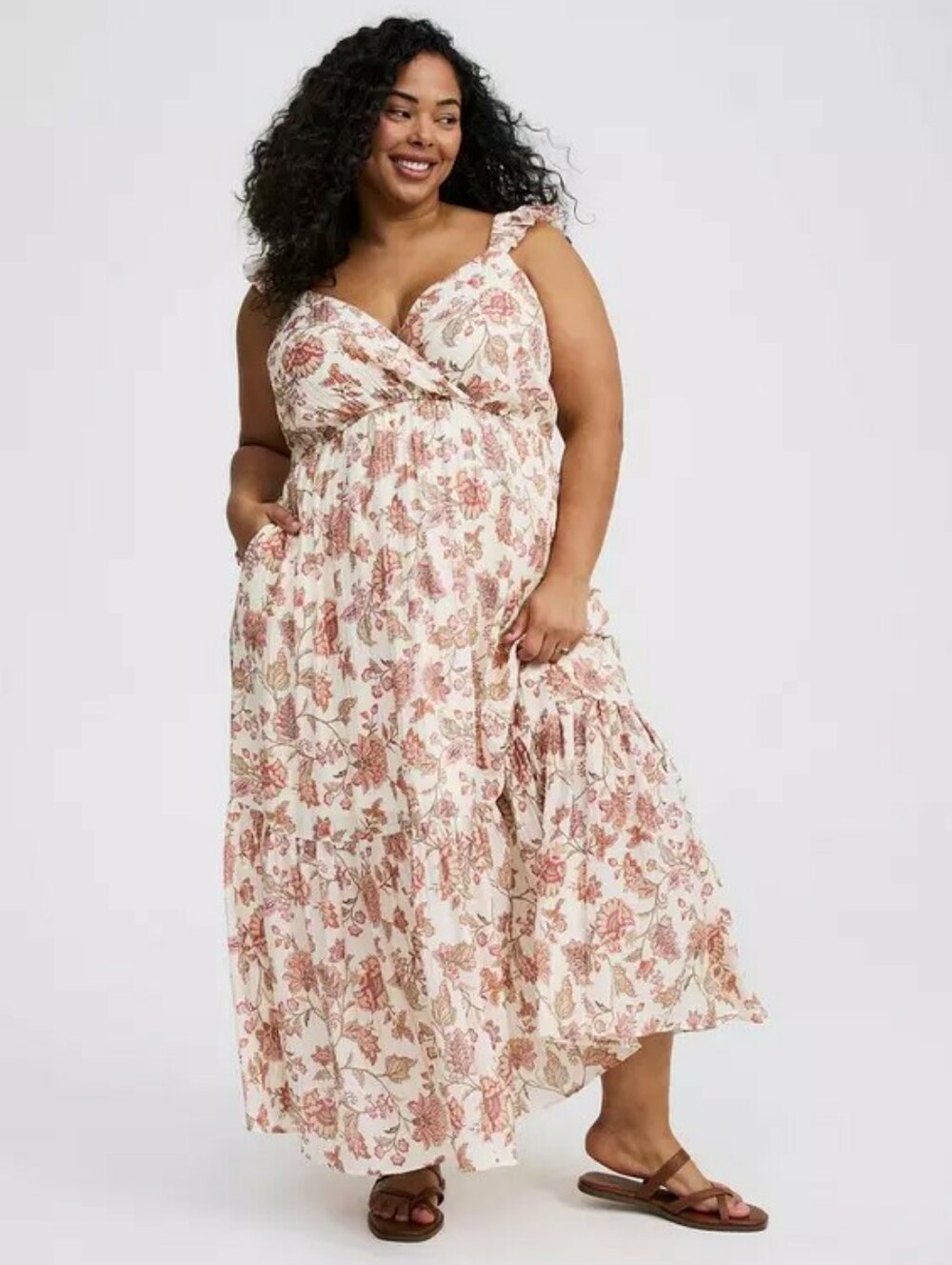 Torrid Boho Floral Ruffle Surplice Maxi Dress Boho Cream